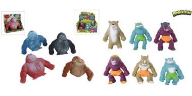 Auf dem Bild sind verschiedene bunte Stretch‑Figuren in Tier- und Monsterform zu sehen. Links befinden sich zwei Produktfotos kleiner Plüschgorillas. Dazwischen stehen mehrere elastische Figuren in unterschiedlichen Farben: Gorillas, Bären und froschähnliche Kreaturen. Rechts oben ist ein „Brainboooom“-Logo zu erkennen. Die Figuren sind in stehender und sitzender Pose dargestellt.