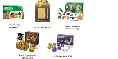 Das Bild zeigt fünf verschiedene Ausgrabungs‑ und Schatzsuchsets für Kinder. Oben links befindet sich ein „Dino Dig Sensory Bin“ mit Werkzeugen und Dinosaurierfiguren. Daneben steht ein „Gold Dig It Kit“ mit einem goldfarbenen Block. Rechts oben sind bunte Mini-Dinosaurier und Eier zu sehen. Unten zeigen zwei Sets Piraten‑Schätze und funkelnde Edelsteinblöcke zum Ausgraben.