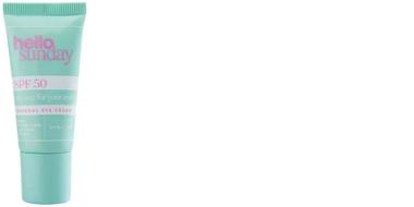 Die Abbildung zeigt eine mintgrüne Tube eines Kosmetikprodukts. Auf der Vorderseite steht in rosa und weiß „hello sunday“ sowie „SPF 50“. Darunter befinden sich weitere Angaben, die auf eine schützende Augencreme hinweisen. Die Tube ist schlicht gestaltet, steht aufrecht und nimmt den linken Bildbereich ein, während der restliche Hintergrund weiß und leer bleibt.