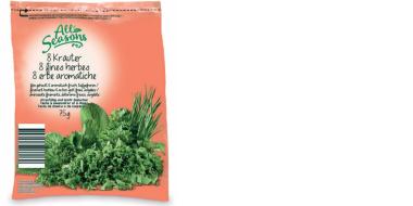 Die Abbildung zeigt eine orangefarbene Verpackung mit der Aufschrift „All Seasons“. Darauf steht „8 Kräuter“ sowie mehrsprachige Bezeichnungen. Unten sind frische grüne Kräuter wie Petersilie und Schnittlauch abgebildet. Links befindet sich ein Barcode. Das Produktgewicht ist mit 75 g angegeben. Die Verpackung wirkt wie ein Tiefkühlprodukt.