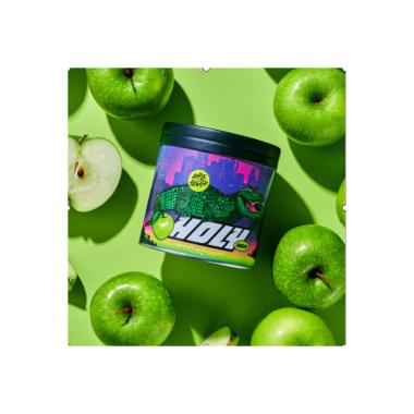 Holy Energy Getränkepulver verpackt inmitten von grünen Äpfeln
