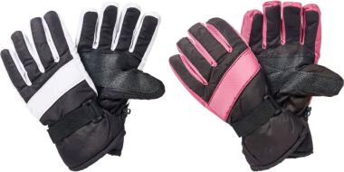 2 Paar schwarze Skihandschuhe, einmal mit weißem Streifen über dem Handrücken, einmal mit rosa