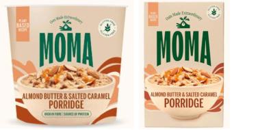 Das Bild zeigt zwei Verpackungen eines pflanzlichen Porridge-Produkts der Marke MOMA. Links ist ein Becher, rechts eine Schachtel abgebildet. Beide tragen die Aufschrift „Almond Butter & Salted Caramel Porridge“. Das Design ist in warmen Beige- und Orangetönen gehalten, mit grüner Schrift und einem Bild des fertigen Porridges mit Nüssen. Hinweise wie „plant based“ und „high fibre“ betonen die gesunden Eigenschaften.