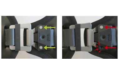Das Bild zeigt zwei Nahaufnahmen einer PETZL‑Schnalle an einem Gurt. Links ist die unbeschädigte Schnalle zu sehen, markiert mit gelben Pfeilen auf die seitlichen Nieten. Rechts wird dieselbe Schnalle mit roten Pfeilen und Markierungen gezeigt, die auf fehlende bzw. herausgebrochene Nieten hinweisen. Die Aufnahmen fokussieren klar auf den Defektbereich.