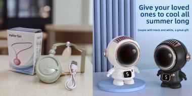 2 verschiedene Mini‑Ventilator‑Produkte. Links steht ein rundes Halsband‑Ventilator‑Set in Pastellfarben mit Box, USB‑Kabel und Trageband auf einem Tisch. Rechts sind zwei figurenförmige Tischventilatoren im Raumfahrer‑Design, einer in Weiß, einer in Schwarz, auf kleinen Sockeln. Oben steht der Werbetext „Give your loved ones to cool all summer long“.