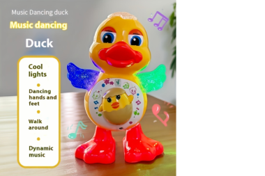 bunte Plastikspielzeugente auf Holztisch mit weißem hohen Infokasten links