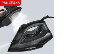 schwarzes Dampfbügeleisen vor grauem Hintergrund