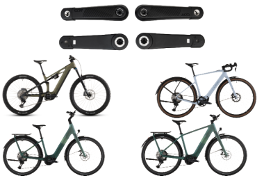 4 unterschiedliche E-Bikes in 2 Reihen, darüber 4 schwarze Fahrradkurbeln