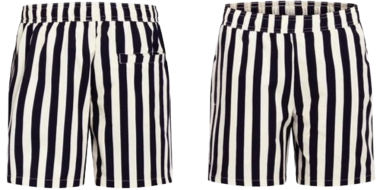 Schwarzweiß gestreifte Kindershort, einmal von vorne, einmal von hinten, vor weißem Hintergrund