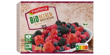 Eine Tiefkühlpackung einer Bio-Beerenmischung von Freshona.