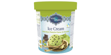 Eine Eisverpackung mit Schokolade Pistazien Eis aufgedruckt in den Farben hellgrün und hellblau.