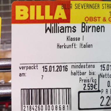 Billa Birnen: Auf dem Schild der Williams Birnen wird Österreich als Herkunft angegeben. (Bild: U.Payer/VKI)