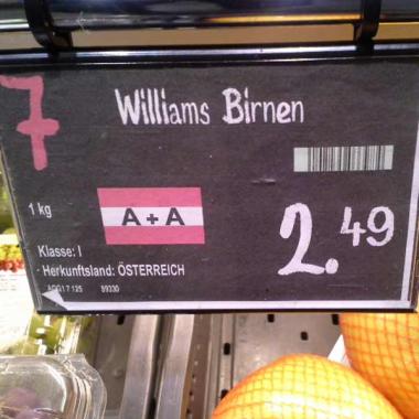 Billa Birnen: Auf dem Schild der Williams Birnen wird Österreich als Herkunft angegeben. (Bild: U.Payer/VKI)