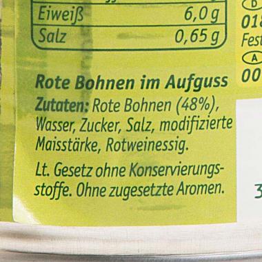 Bonduelle Kidney Bohnen: Wer wissen will, vie viel Bohnen das Produkt enthält, muss in der Zutatenliste nachschauen. Bild: C. Pandur/VKI