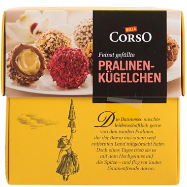 Billa Corso Pralinen-Kügelchen: Von außen ist nicht ersichtlich, wie viele Pralinen-Kügelchen in der Verpackung sind. (Bild: C. Pandur/VKI)