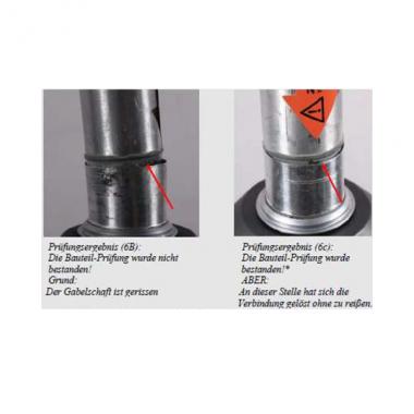 Die zwei vom Sachverständigen untersuchten Gabeln nach der Prüfung - *Die Prüfung nach EN 15194:2017 gilt als "bestanden" wenn kein Riss entsteht. Die Verbindung hat sich jedoch dennoch gelöst und zeigt hierdurch eindeutig die Schwachstelle