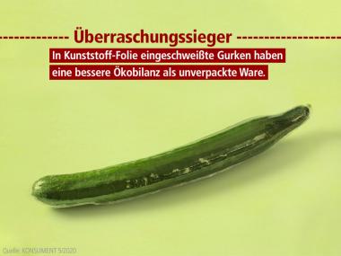 Überraschungssieger: In Kunststoff-Folie eingeschweißte Gurken haben eine bessere Ökobilanz als unverpackte Ware. (Bild: VKI)