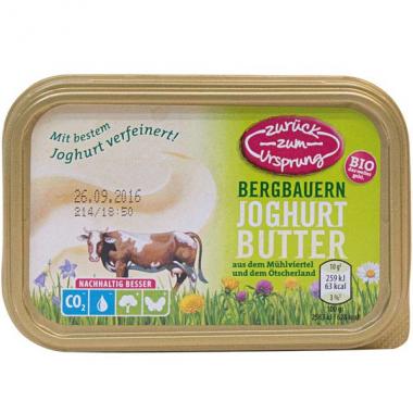 Zurück zum Ursprung Bergbauern Joghurt Buttter: frühere Packung; Bild: C. Pandur/VKI