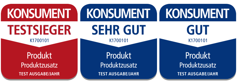 So sieht eine korrekte KONSUMENT-Testplakette aus