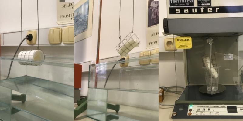 Drei Fotos von Klopapier, das im Labor erst in Drahtrolle in Wasser getaucht wird, dann herausgezogen und schließlich abgewogen