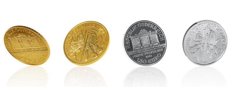 Gold kaufen - Edelmetall als Anlage: Wiener Philharmoniker in Gold und in Silber, jeweils Vorder- und Rückseite