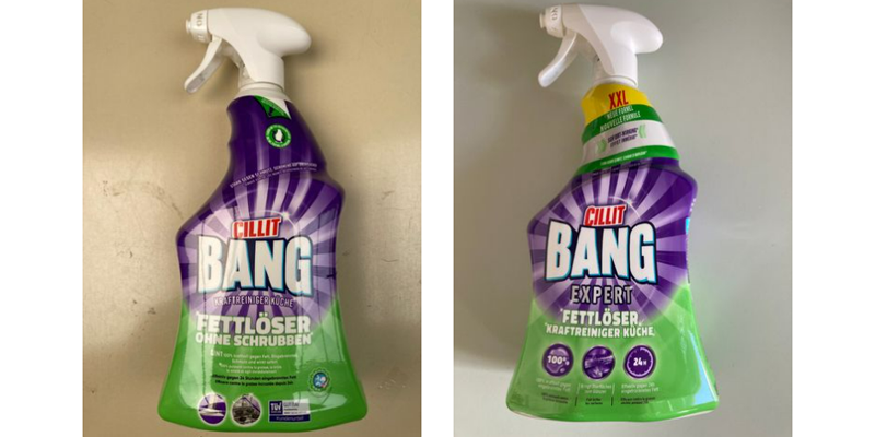 Zwei Fotos von je einer Sprühflasche eines Küchenreinigers von Cillit Bang