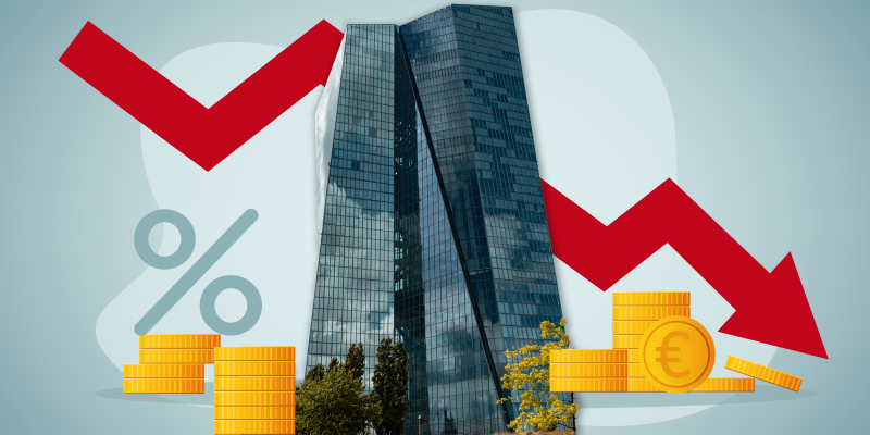 EZB-Tower, dahinter Illustrationen von Münzen, Prozentzeichen und roter Pfeil der nach unten zeigt