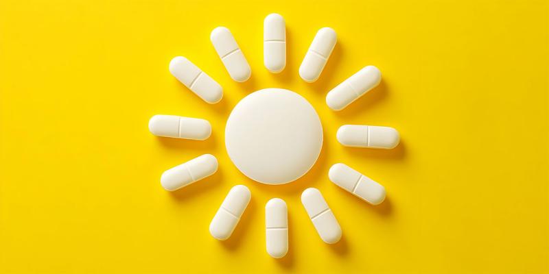 Medikamente Tabletten zu Sonnenform aufgelegt gelber Hintergrund
