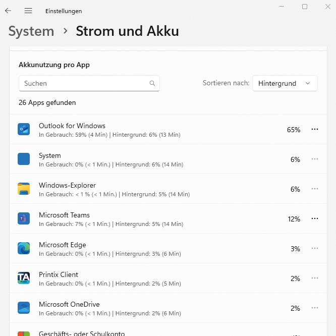 Screenshot System Strom und Akku Akkunutzung