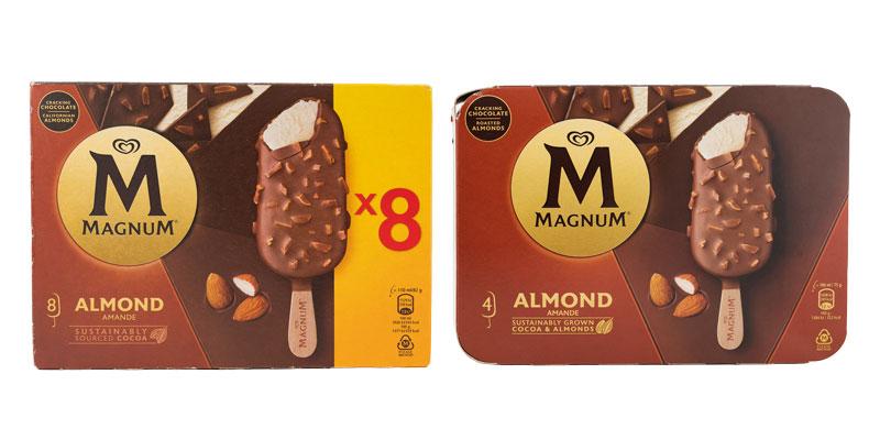 Eine alte und eine neue Packung mit neuer Füllmenge des Magnum-Eis der Sorte Mandel in der Großpackung in braunem Design. 