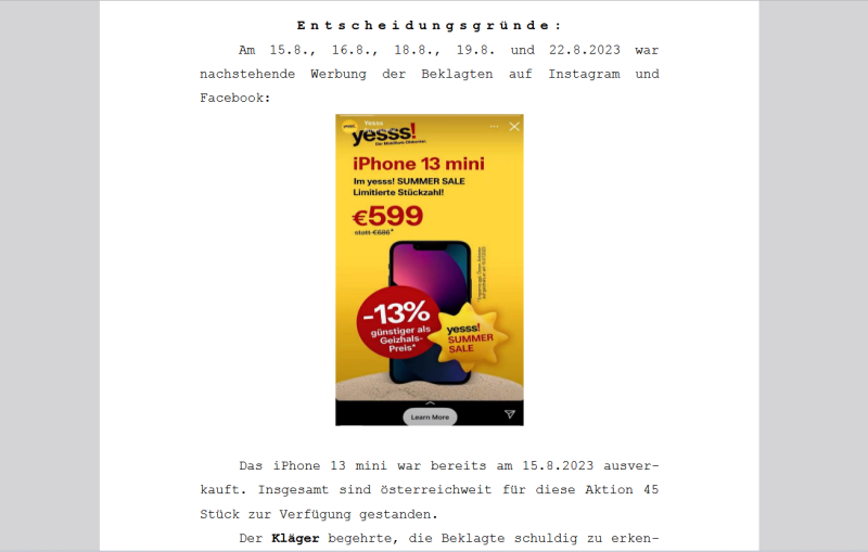 So ist die irreführende Werbung im Urteil abgebildet