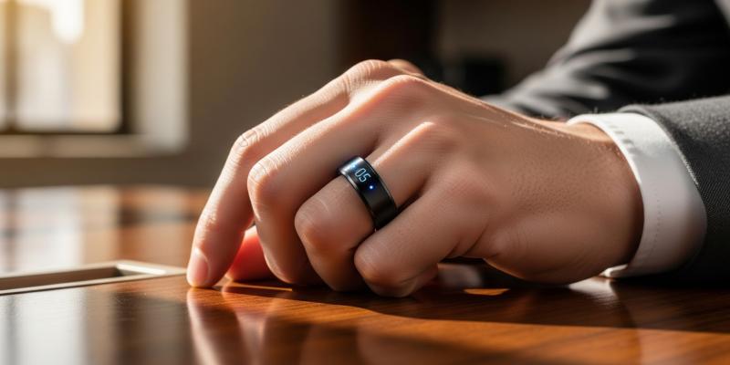 Ein Mann in Anzug trägt an seinem Ringfinger der linken Hand einen Smartring. 