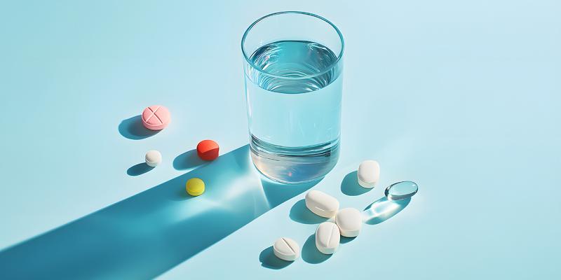 Wasserglas und daneben verschiedene Tabletten, blauer Untergrund
