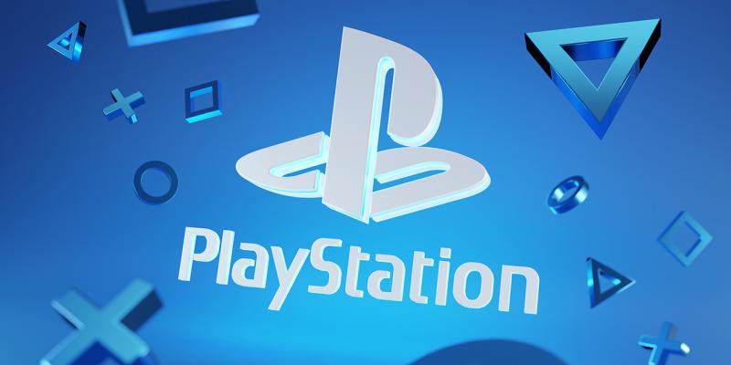 Playstation Logo leuchtet auf blauem Hintergrund Videospielkonsole