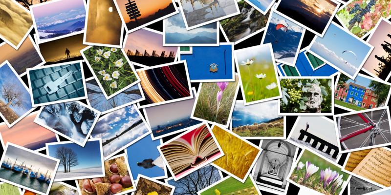 Viele Fotos Schnappschüsse liegen verteilt auf einer Fläche übereinander