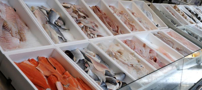 Verschiedene Fischfilets auf einem Fischmarkt angeboten