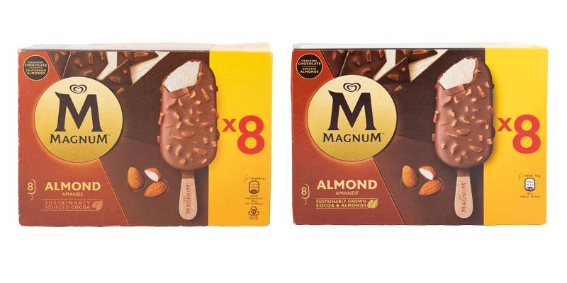 Die alte und neue Packung des Magnum Mandel Stieleis im Vergleich nebeneinander vor weißem Hintergrund. 