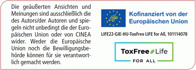 Ein Hinweistext mit Logos. Links steht ein deutscher Haftungsausschluss, der betont, dass die geäußerten Meinungen nur die der Autorinnen und Autoren sind und nicht unbedingt die der Europäischen Union oder CINEA widerspiegeln. Rechts befinden sich zwei Logos: das EU-Logo mit dem Hinweis „Kofinanziert von der Europäischen Union“ und darunter das Projektlogo „ToxFree LIFE for All“.