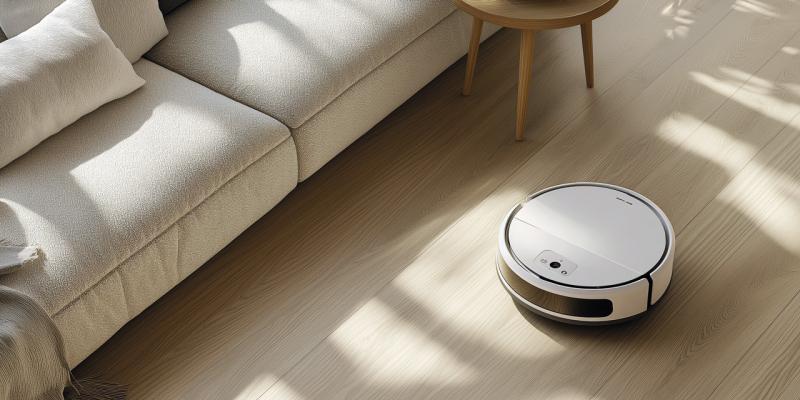 Wischroboter auf Parkettboten, vor heller Couch