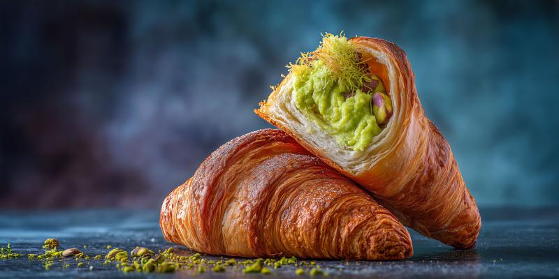 Zwei Croissants liegen auf hellem Untergrund. Eines ist aufgeschnitten und zeigt eine leuchtend grüne Pistaziencremefüllung. Die Croissants sind goldbraun und blättrig gebacken. Die Füllung ist cremig und mit gehackten Pistazien sowie grünem Topping verziert. Pistazienstücke sind auch auf der Fläche verteilt.