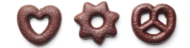 3 Lebkuchen nebeneinander: Herz, Stern, Breze
