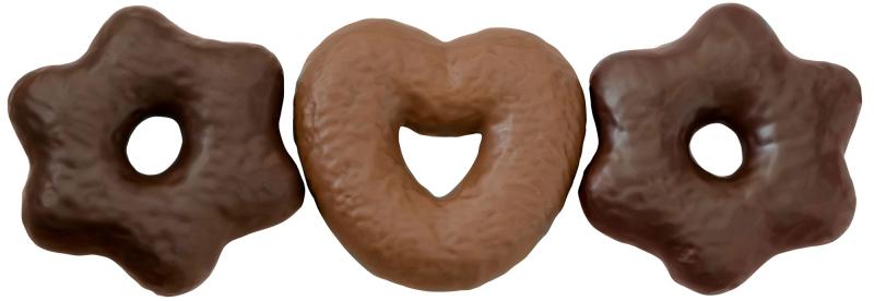 zwei mit dunkler Schokolade überzogene Lebkuchensterne, in der Mitte dazwischen ein mit heller Schokolade überzogenes Lebkuchenherz