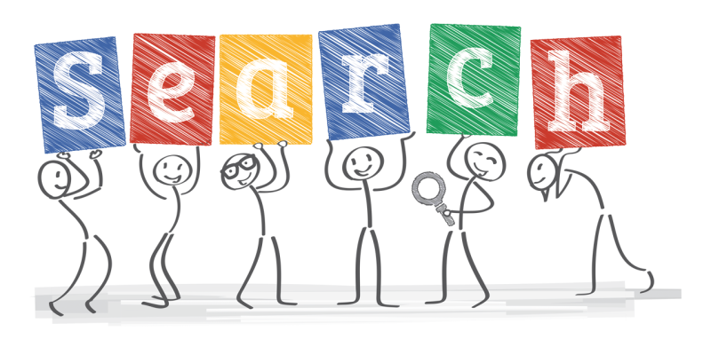 Illustration Strichmännchen halten Schilder mit den Buchstaben SEARCH in die Höhe
