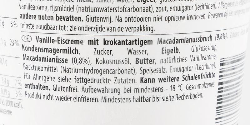 Die Zutatenliste des Häagen Dazs Macadamia Nut Brittle in schwarzer Schrift auf weißem Hintergrund. 