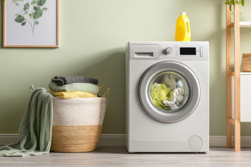 Gefüllte Waschmaschine vor grüner Wand, gelbe Waschmittelflasche oben auf der Maschine, rechts Teil eines offenen Regals, links von der Maschine gefüllter Wäschekorb.