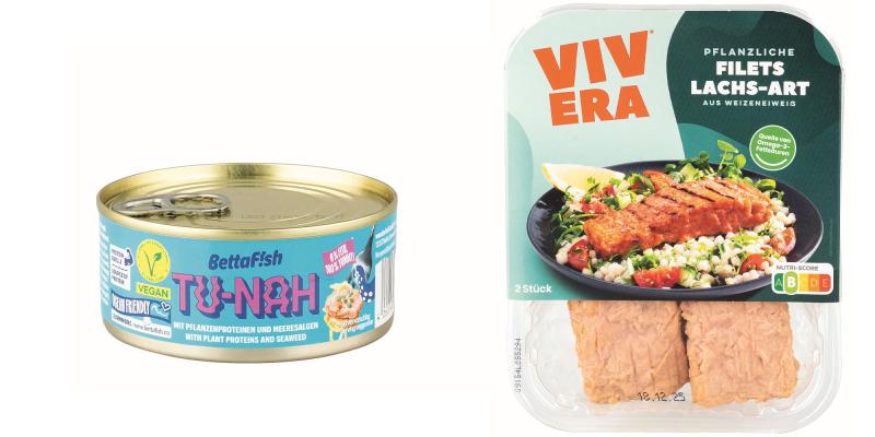Eine Thunfischdose und ein verpacktes (veganes) Lachsfilet der Firma Vivera