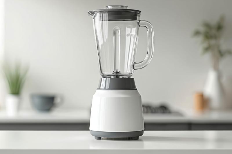 kompakte Küchenmaschine auf weißer Arbeitsplatte, im Hintergrund verschwommen, weitere Arbeitsfläche mit Pflanzen