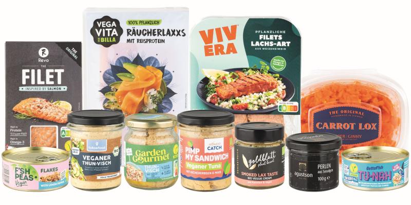11 vegane Fischalternativen in 2 Reihen aufgestellt