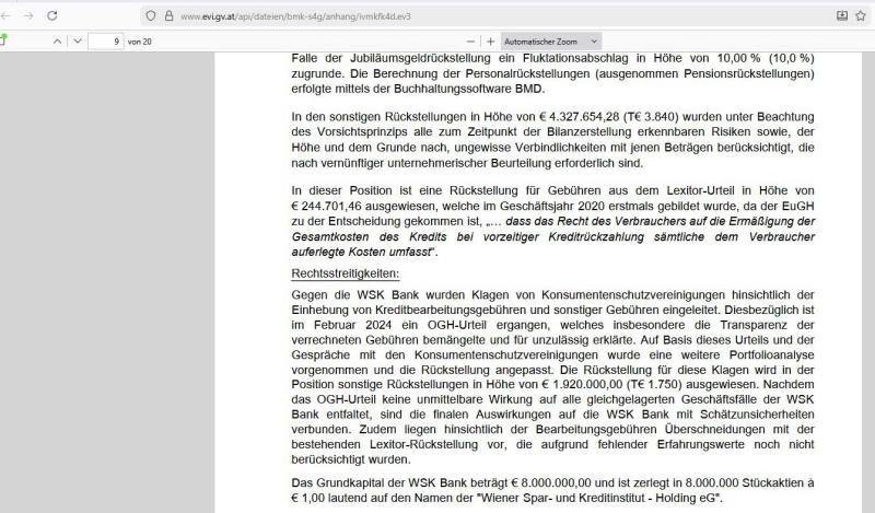 Das Bild zeigt jene Stelle im Geschäftsbericht, wo die Klage des VKI und die Rückstellung beschrieben wird