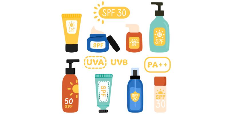 Sonnenschutzprodukte mit Symbolen für UVA UVB PA SPF